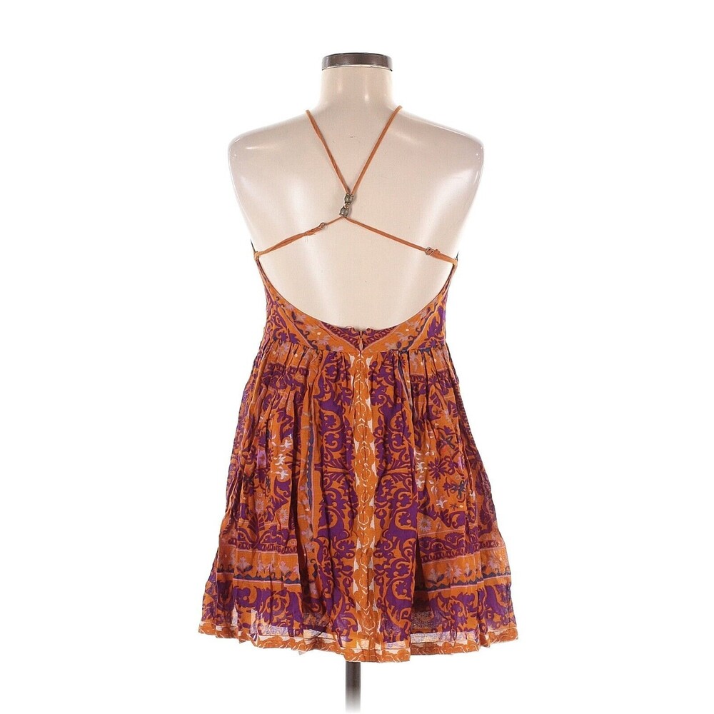 Ecote Womens 6 Casual Dress Halt Paisley Orange Boho Short Sleeveless Fit Flare - Picture 2 of 4